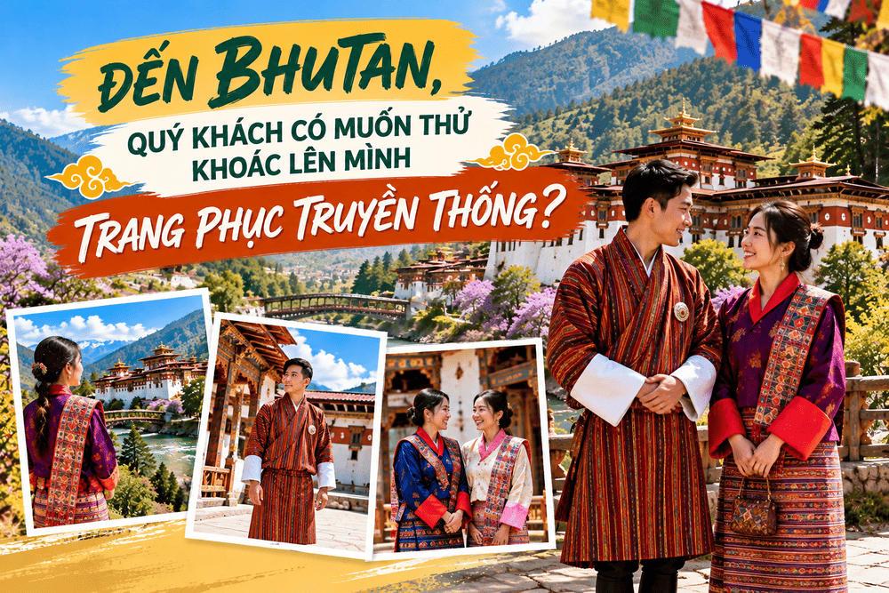Du khách trải nghiệm mặc trang phục truyền thống Bhutan với Gho dành cho nam và Kira dành cho nữ giữa khung cảnh kiến trúc Bhutan.